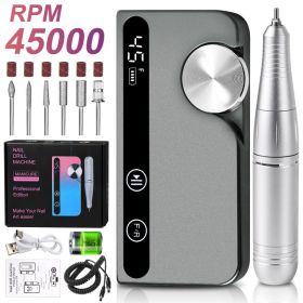 Professional Electric Nail Drill, 45000 RPM Cordless E-File Machine, With 12 Bits, Sanding Bands, LCD Display Electric Nail File For Acrylic Gel (Option: Gray)